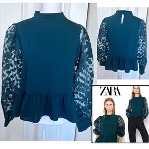 Zara green top organza puffy sleeves peplum bottom Sz Medium